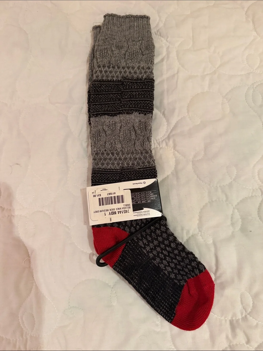 NWT Smartwool Popcorn Cable Knee High Socks Small Gray Red Merino Wool Cozy